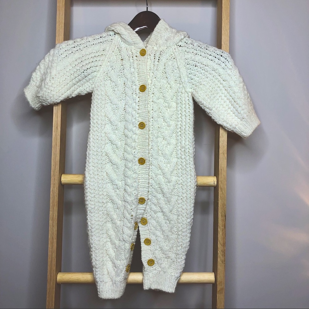 Boy/Girl 6-9 mo Knit First Impressions Soft Button Up Hooded Bodysuit Off Whit